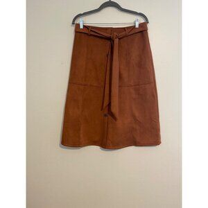 Shinestar Womens L Brown Faux Suede A-Line Skirt With Tie Waist Button Detail